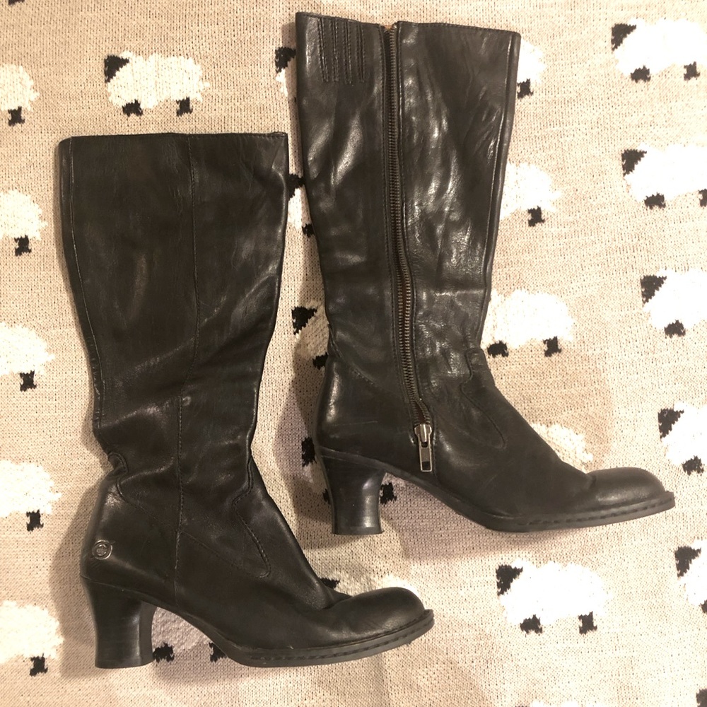 BORN Tall Black Leather Heeled Boots w Zip 6M